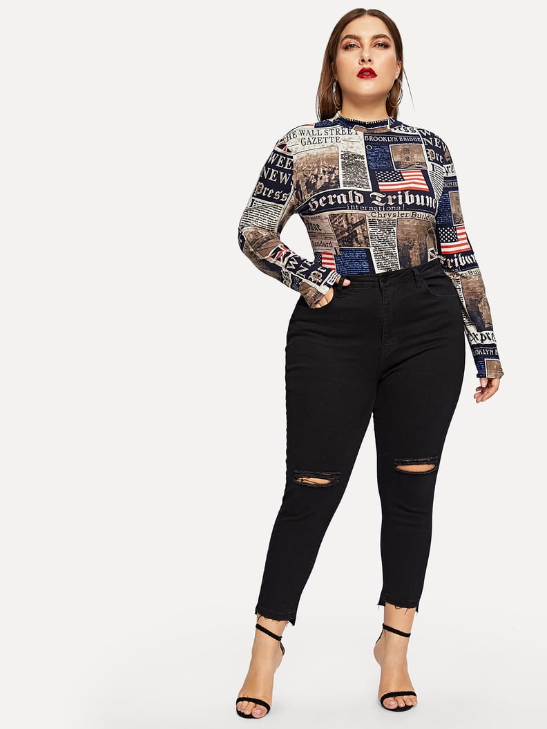 Shein Mock Neck Newspaper Print Tee