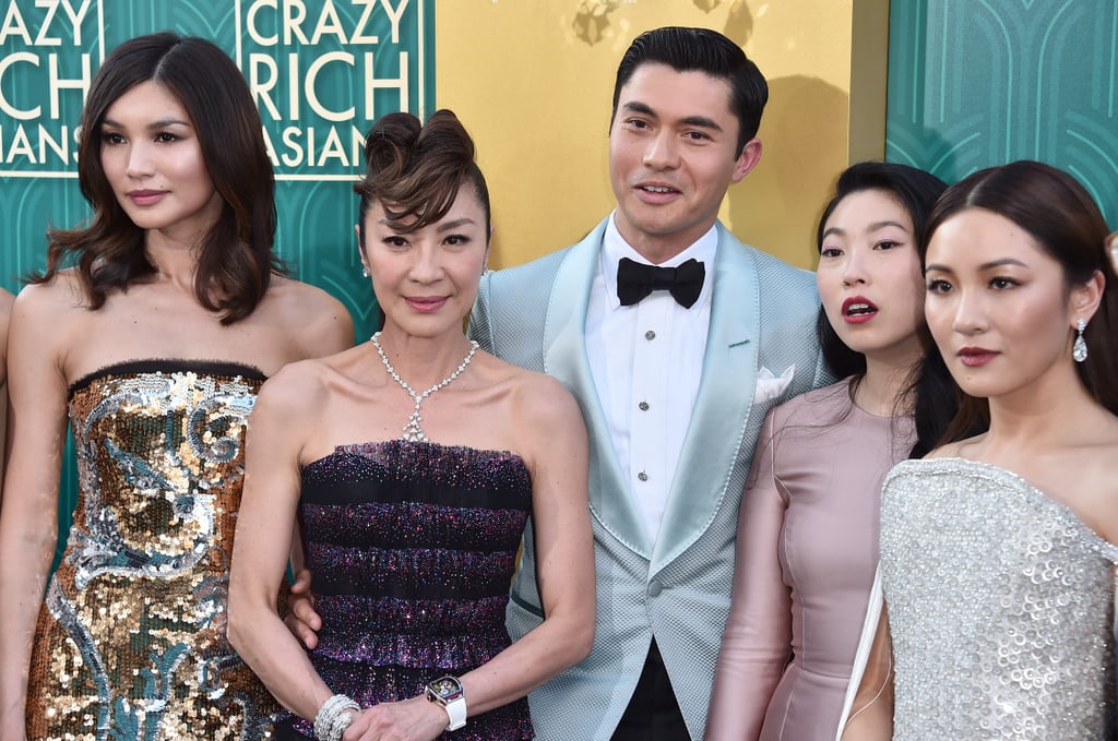 Pictured: Gemma Chan, Michelle Yeoh, Henry Golding, Awkwafina, and Constance Wu