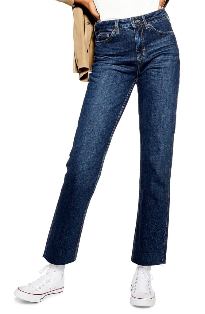 Topshop High-Waist Raw-Hem Straight-Leg Jeans