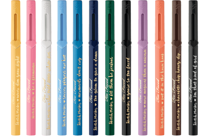 Too Faced Sketch Marker in Sky Blue, Steel Blue, Deep Lilac, Candy Pink, Papaya