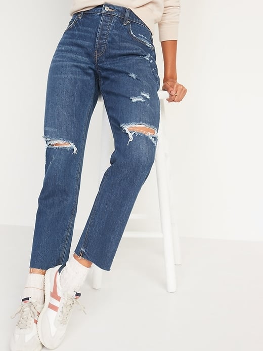 Old Navy High-Waisted Button-Fly Slouchy Straight Ripped Cut-Off Jeans