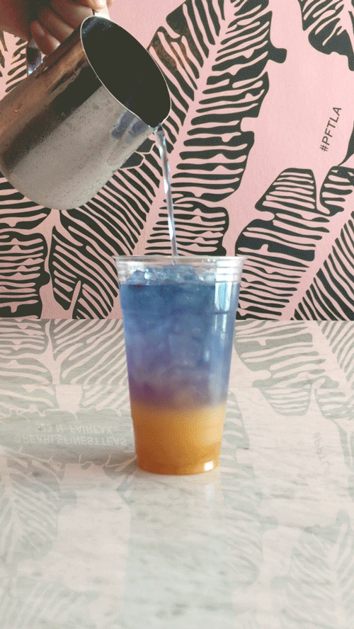 In a separate container, he combined a cold hibiscus tea with either butterfly pea extract concentrate drops or powder (amount will dictate the level of indigo in the final product) and poured it directly into the yuzu mixture over ice. Because of the PH of citrus already in the cup, you'll see the magical rainbow tea layer right before your eyes!