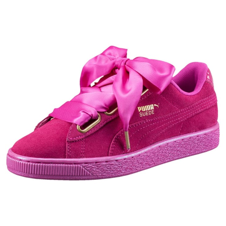 Embrace a bold magenta shade with Puma's Suede Heart Satin Sneakers ...