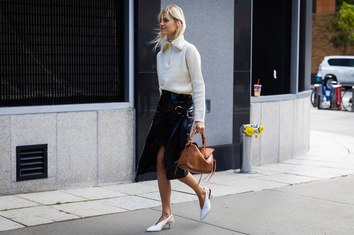 With a Cashmere Zip-Up and Leather Slitted Skirt | White Pumps For Fall ...