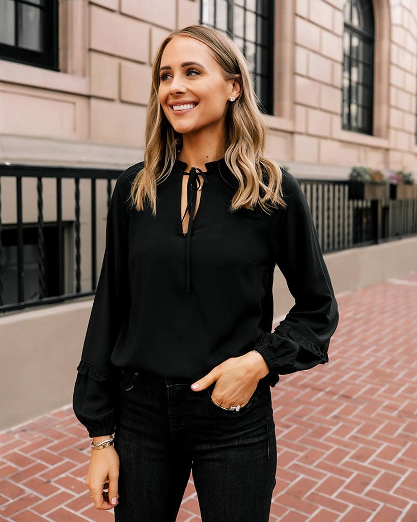 The Drop Black Raglan Sleeve Ruffle Neck Top by @fashion_jackson