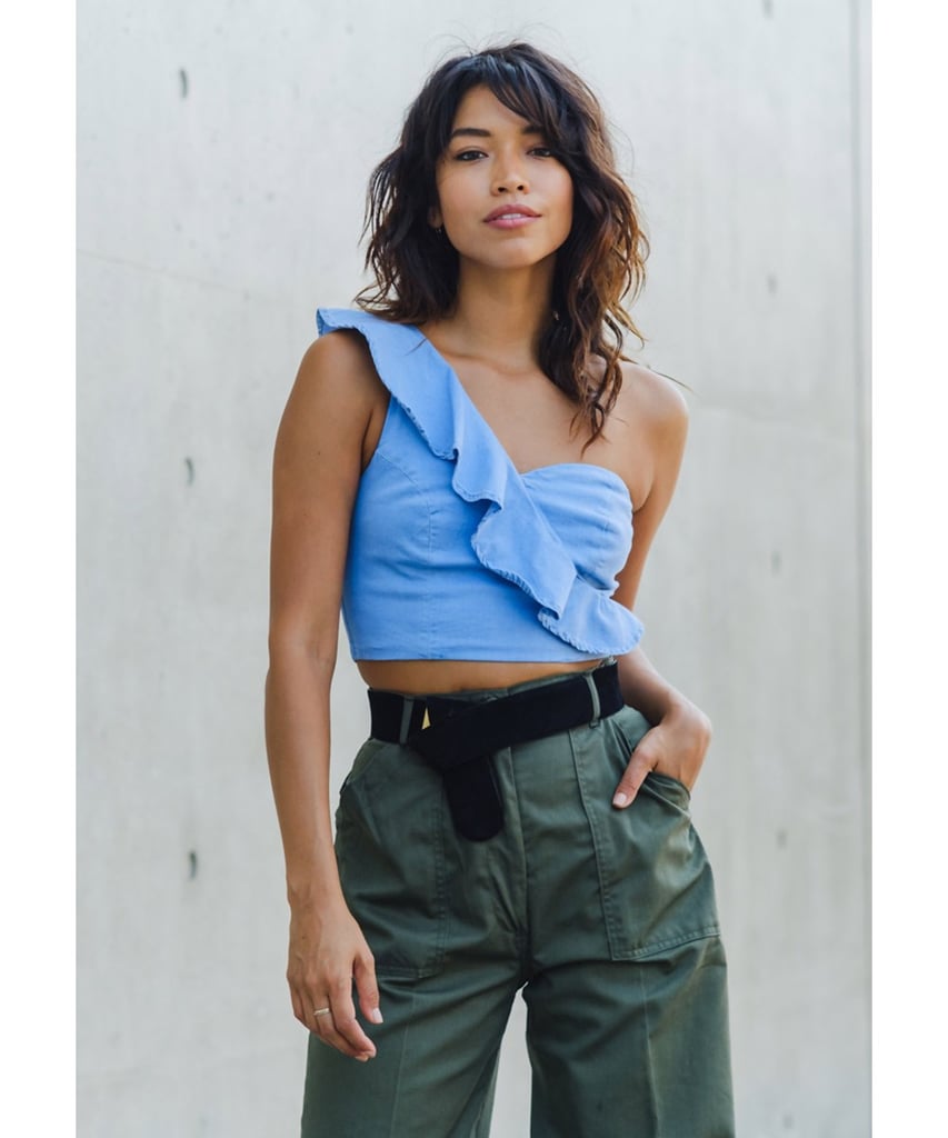 Concrete Runway One Sleeve Ruffle Denim Crop Top.