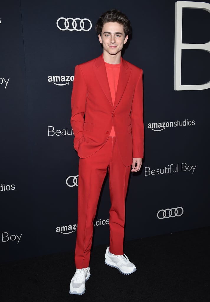 Timothée's monochromatic Louis Vuitton suit at a Beautiful Boy screening left fans seeing red in the best way possible.