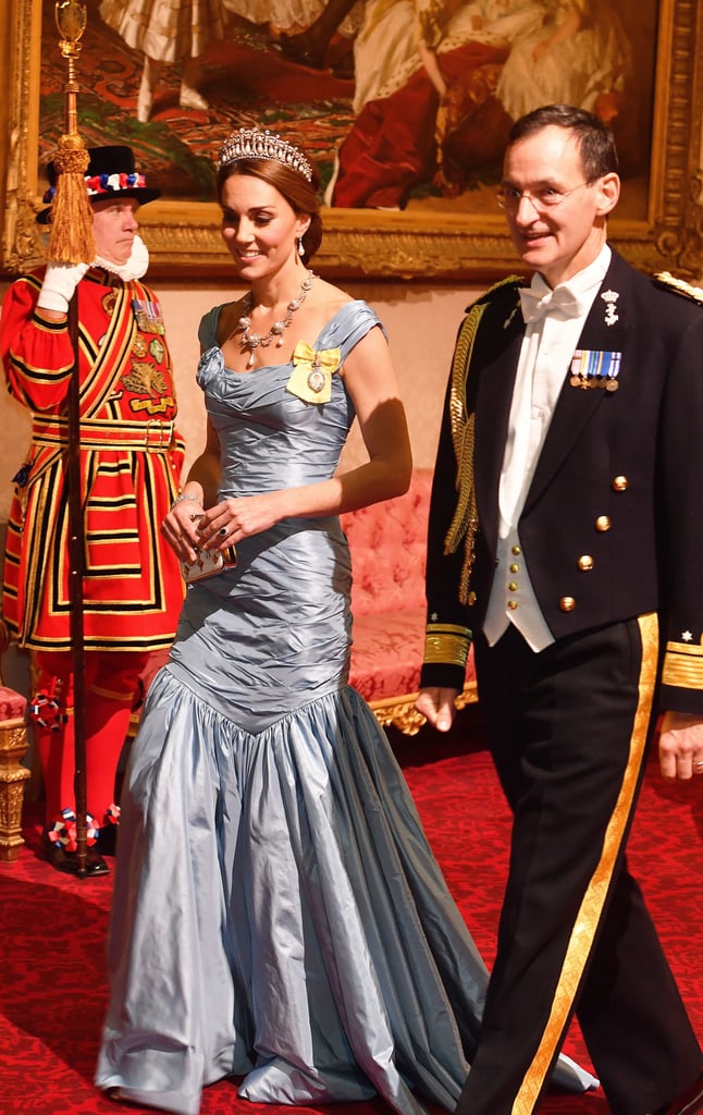 The Duchess of Cambridge looked elegant in a baby blue Alexander McQueen gown at a state dinner at Buckingham Palace. Her tiara, the Lover's Knot, was a favorite of Princess Diana's and perfectly matched the gown.