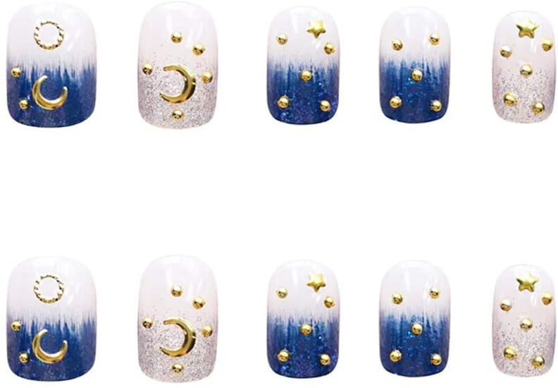 Something Celestial: Xerling Glossy Square Gold Moon and Stars Blue Gradient Press On Nails