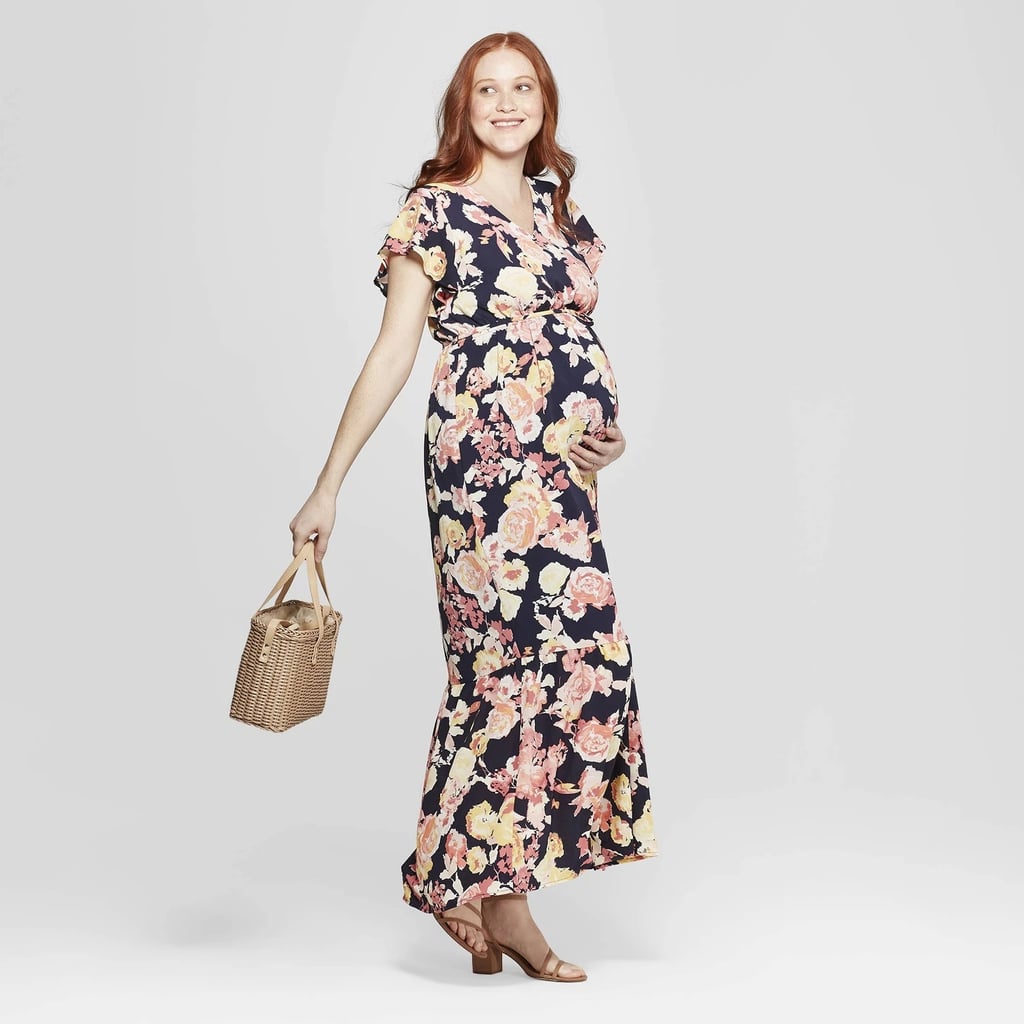 Maternity Floral Print Flutter Sleeve Maxi Dress