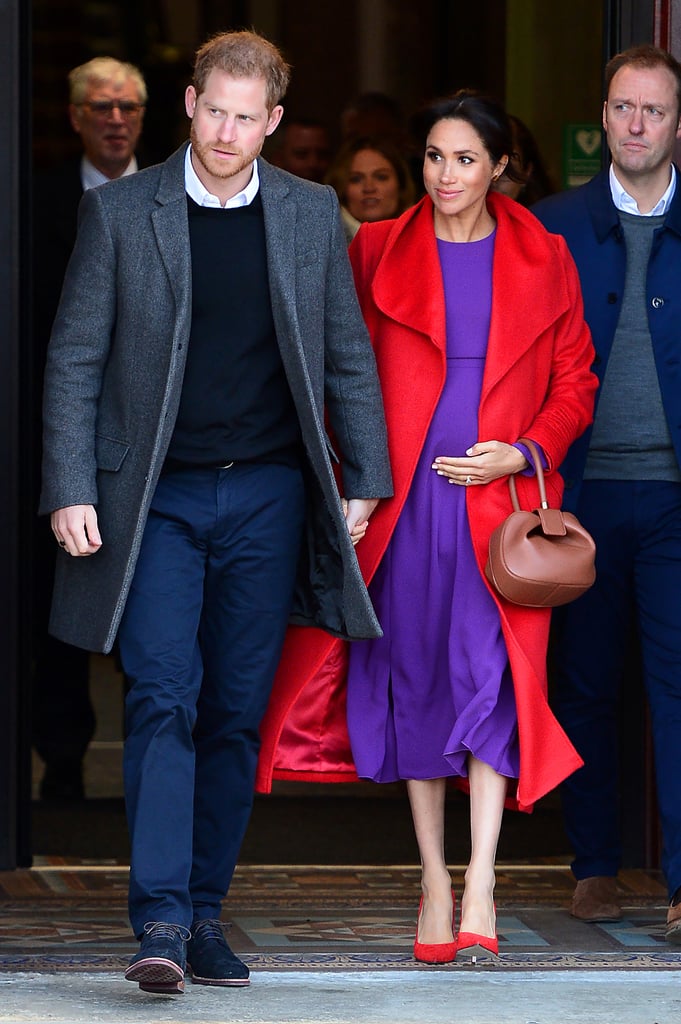 Meghan Markle Fall Outfit Idea: A Purple Dress and Red Trench