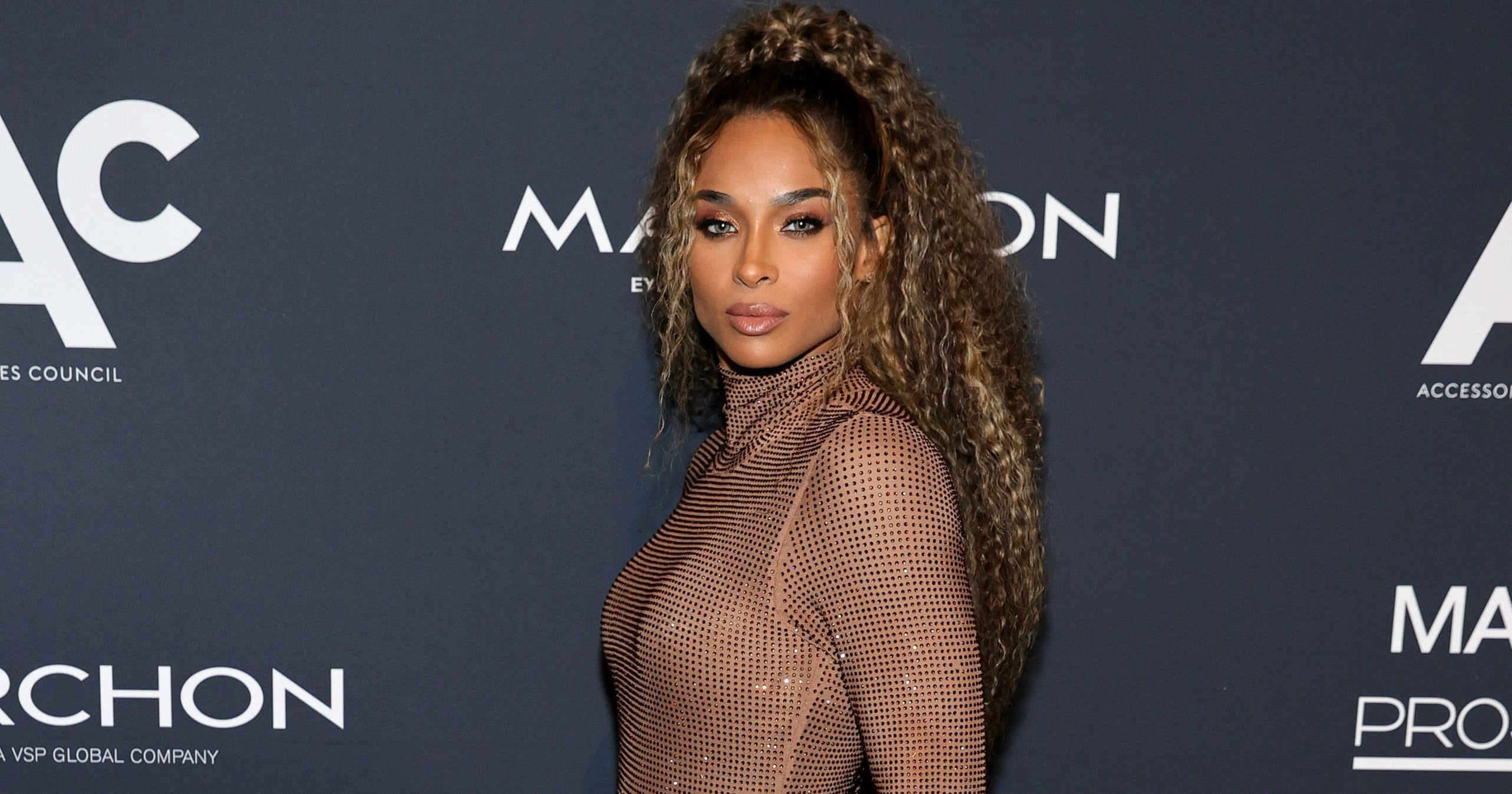 See Ciara's Brown Rhinestone, Thigh Slit LaQuan Smith Dress | PS Fashion