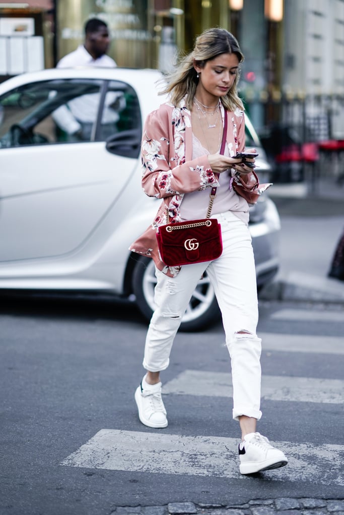 With a printed jacket to liven up white jeans and sneakers