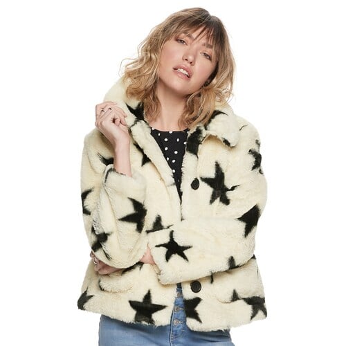 Patterned faux top fur coat