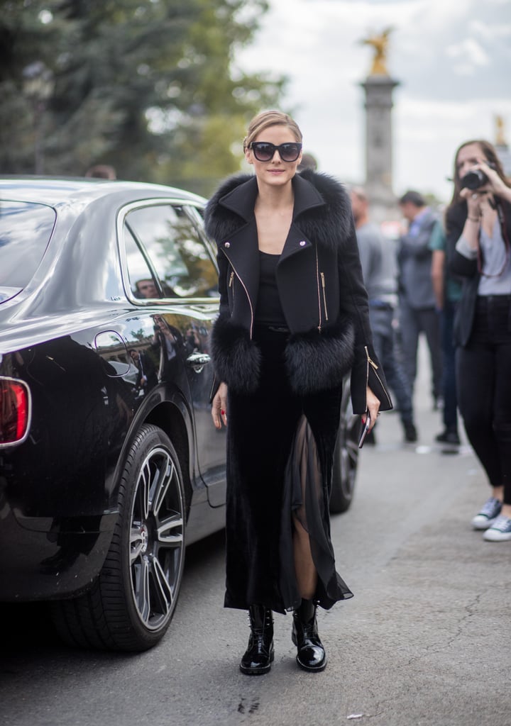 Olivia channeled her edgier side in a furry-trimmed biker jacket and combat boots.