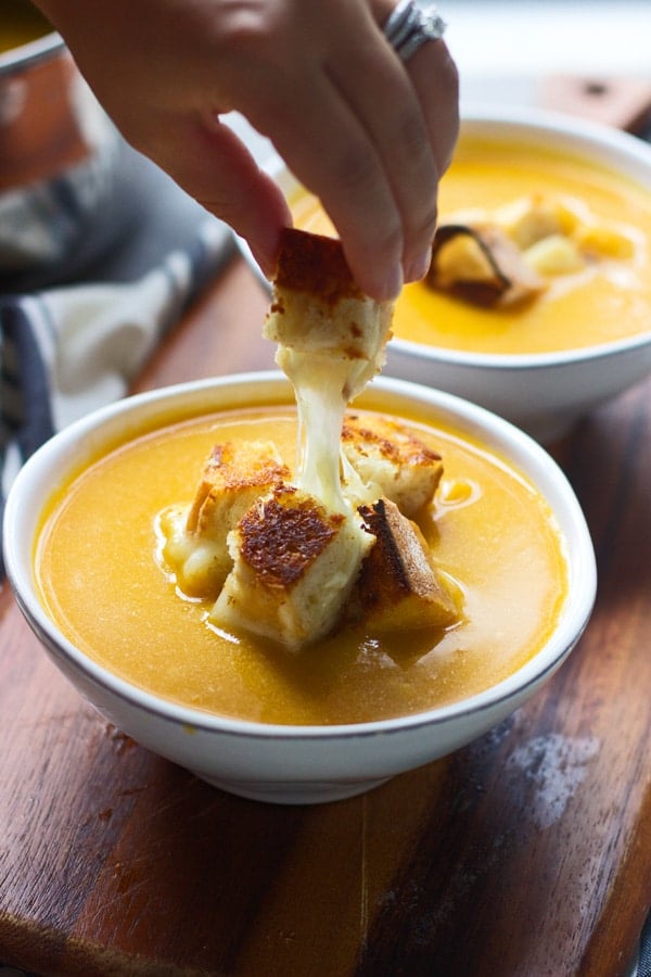 Butternut Squash, Apple Cider, and Cheddar Soup With Grilled Cheese Croutons