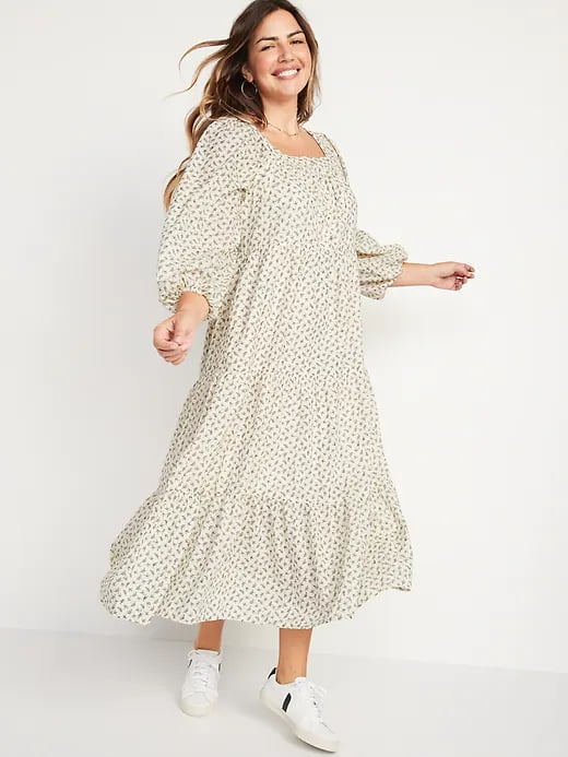 OId Navy Long Sleeve Button Down Tiered Midi Swing Dress These