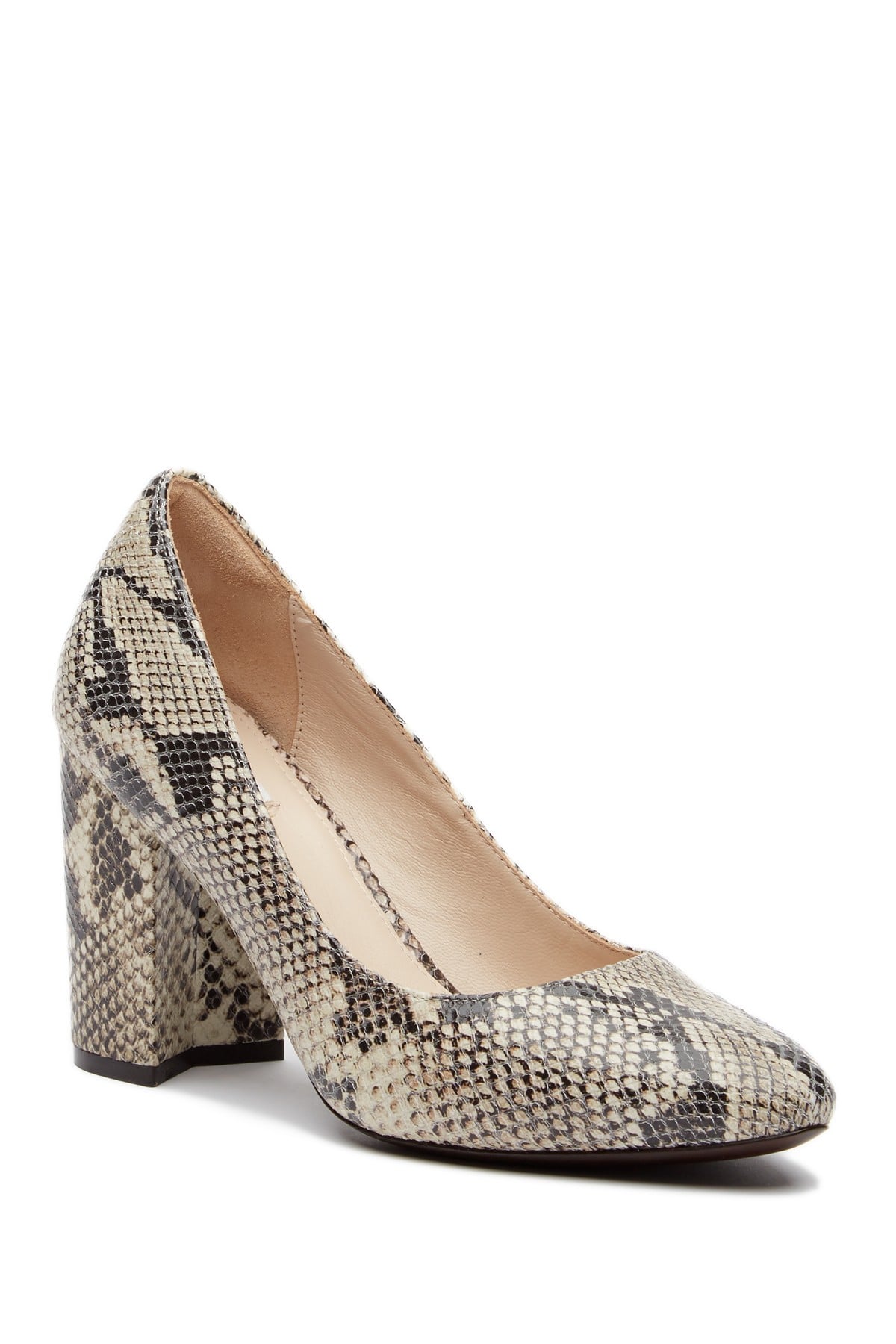 Snakeskin block heel pumps top