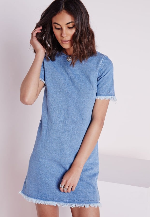 Missguided Frayed Edge Denim Shift Dress Blue (60) Frayed Denim