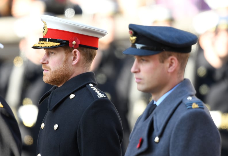 LONDON, ENGLAND - NOVEMBER 10: Prince Harry, Duke of Sussex and Prince William, Duke of Cambridge attend the annual Remembrance Sunday memorial at The Cenotaph on November 10, 2019 in London, England.  (Photo by Karwai Tang/WireImage)