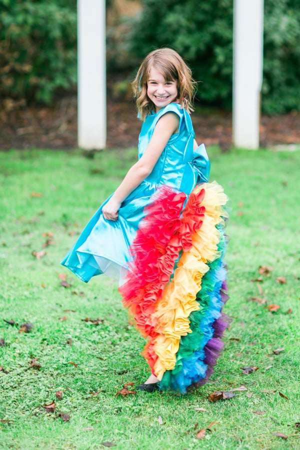 A birthday is the best excuse to treat yourself to a new party dress.  I connected with my favorite local seamstress to sew THE most gorgeous “Rainbow Dash” inspired party dress.   Look at the tail on that dress!  Ally couldn’t have been happier twirling and spinning. I told Ally the morning of her party “Happy 9th Wedding Day”, because let’s be honest, this child has basically had nine small weddings.