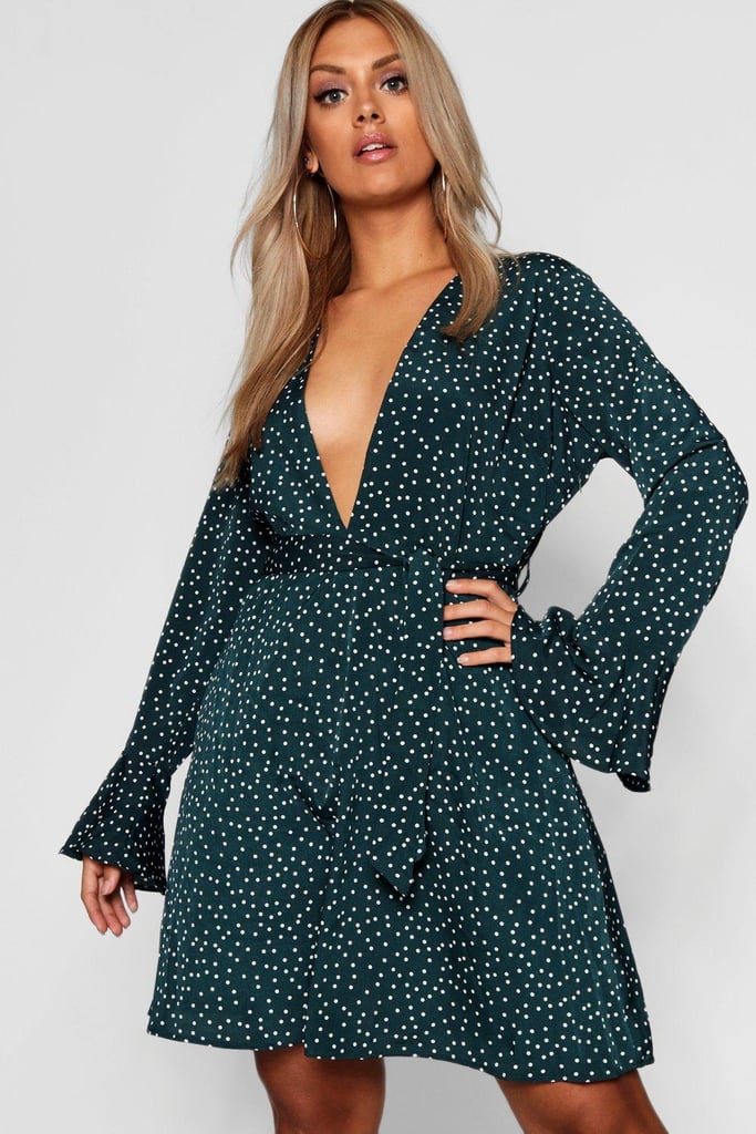 Boohoo Plunge Polka Dot Skater Dress