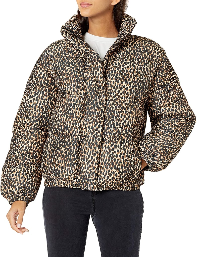 Daily Ritual Relaxed-Fit Mock-Neck Short Puffer Jacket in Leopard Print