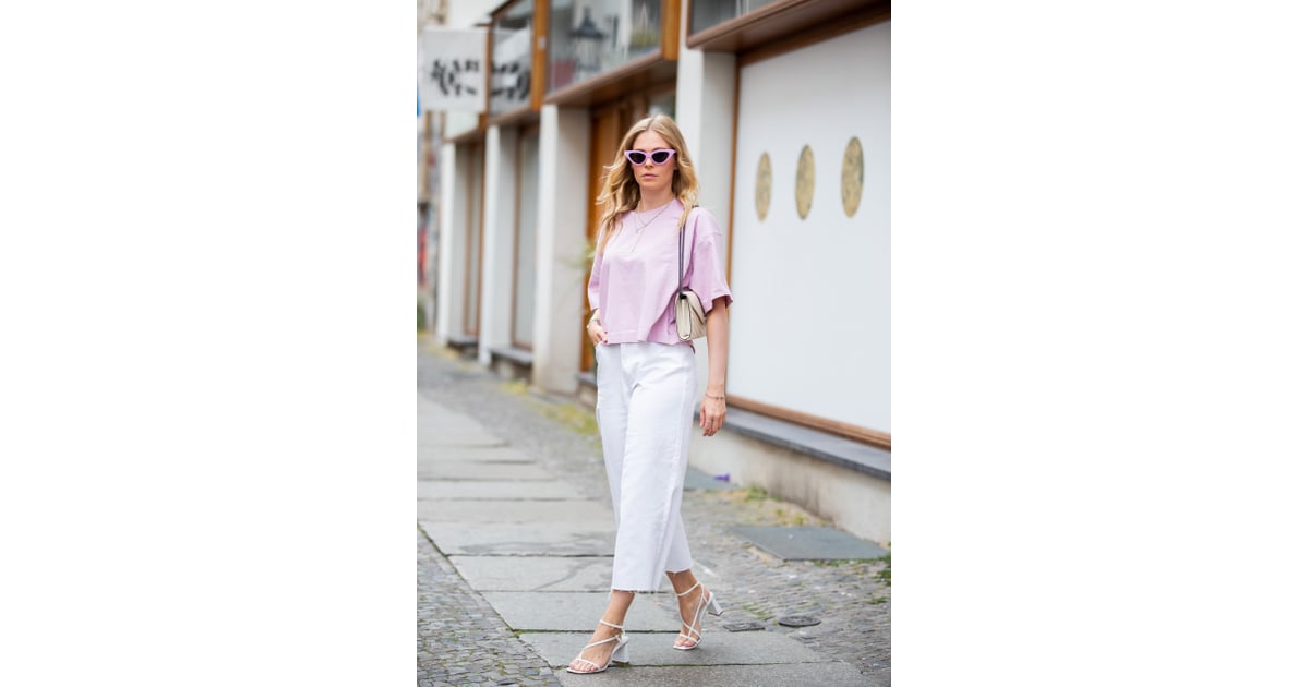 Wear White Culotte Denim With Strappy Sandals and a Breezy Pink T-Shirt ...