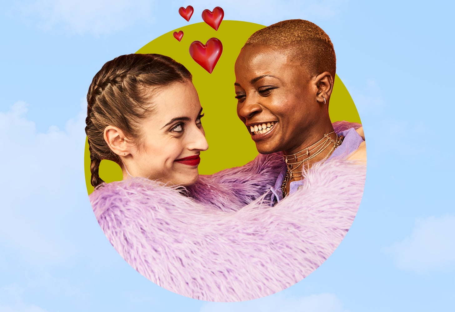 couple smiling at each other with heart illustration between them