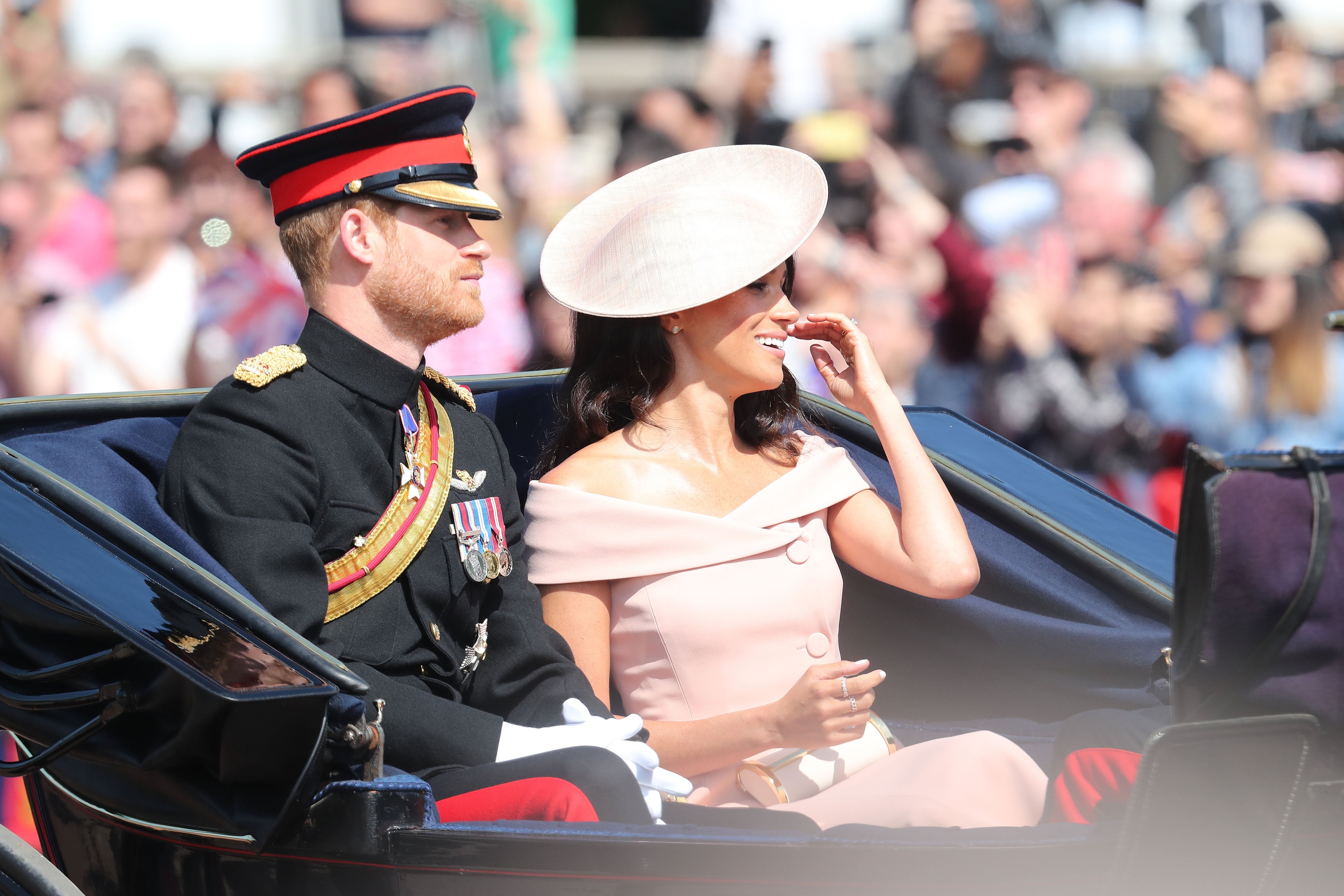 meghan markle pink dress off the shoulder Meghan Markle's Pink Dress at Trooping the Colour 2018