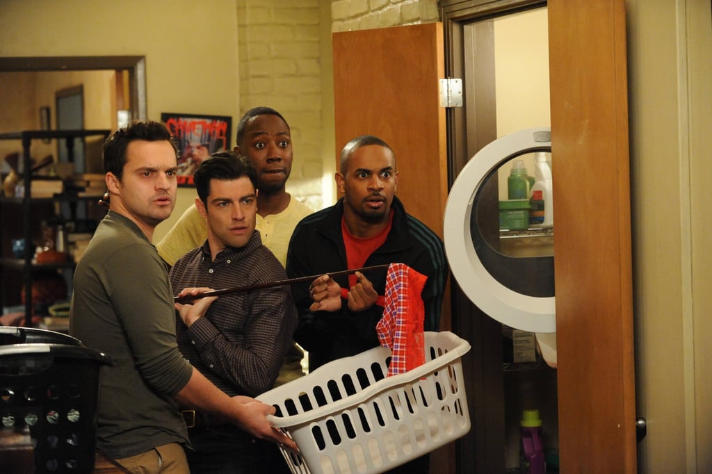 Nick, Schmidt (Max Greenfield), Winston (Lamorne Morris), and Coach (Damon Wayans Jr.) get caught in a suspicious moment.