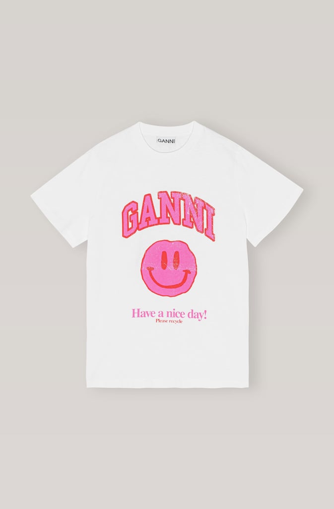 2月必须:Ganni基本棉毛衫粉红色的笑脸宽松的t恤