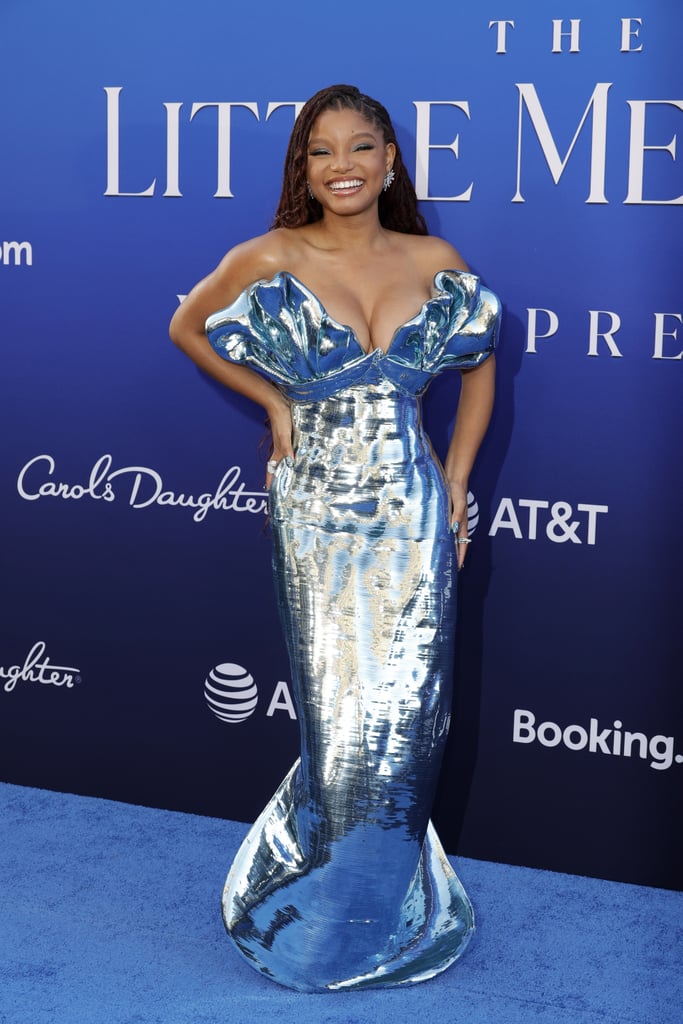 Halle Bailey's Metallic Blue Gown at Little Mermaid Premiere