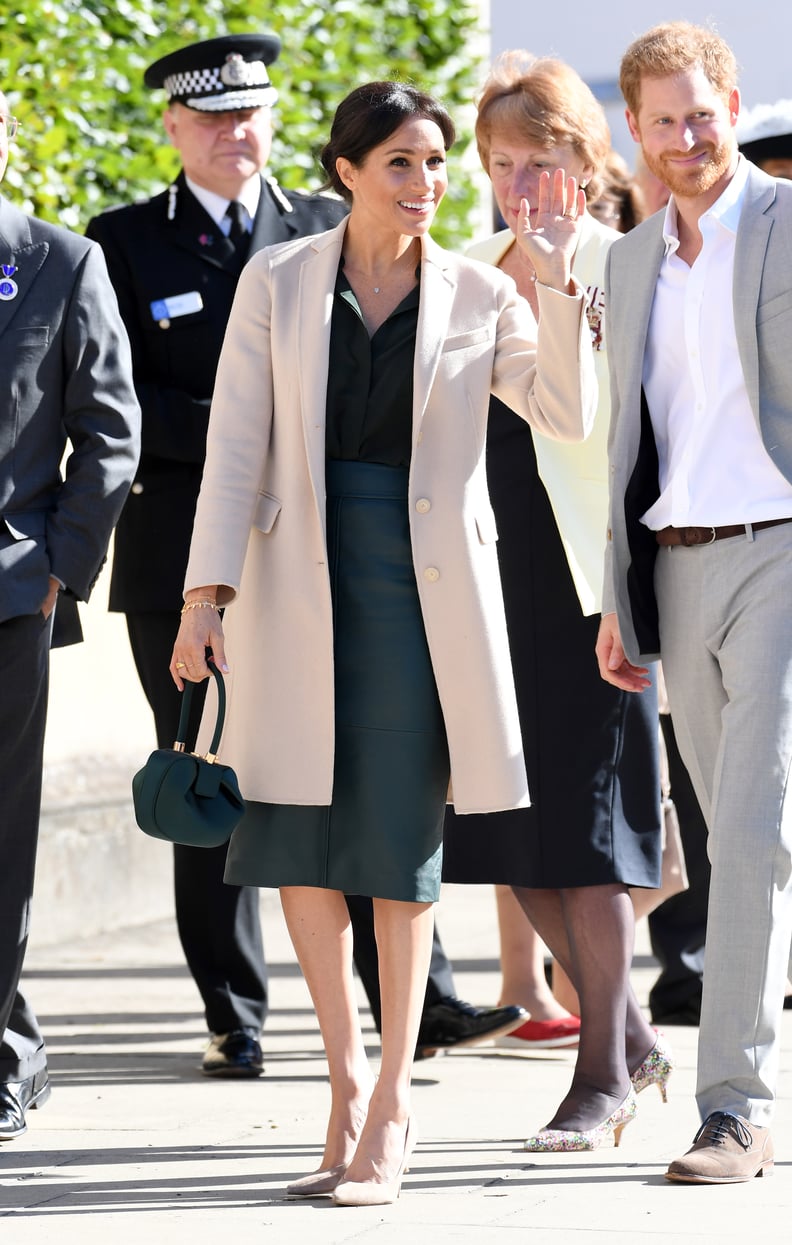 Meghan Markle Fall Outfit Idea: A Leather Pencil Skirt, Button-Down, and Overcoat