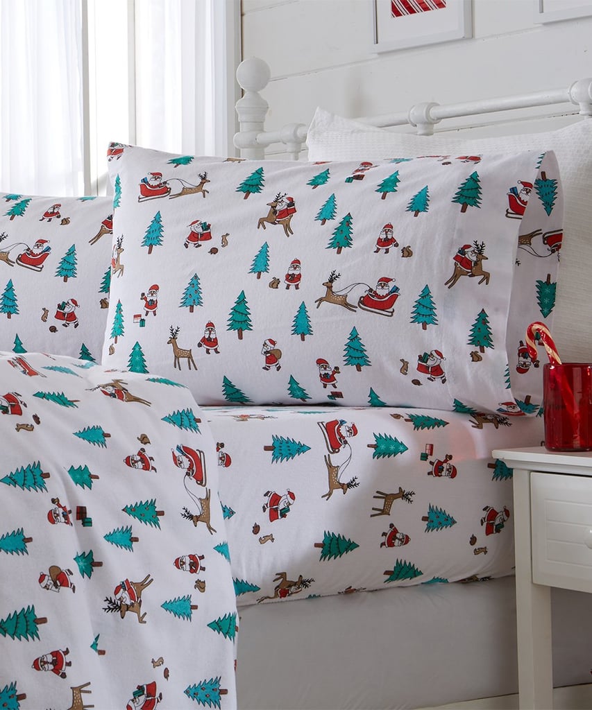 White & Red Santa Christmas Flannel Sheet Set