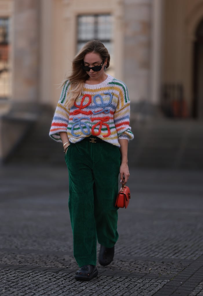 '70s Corduroy Pants + Crocs + Colorfully Stitched Sweater