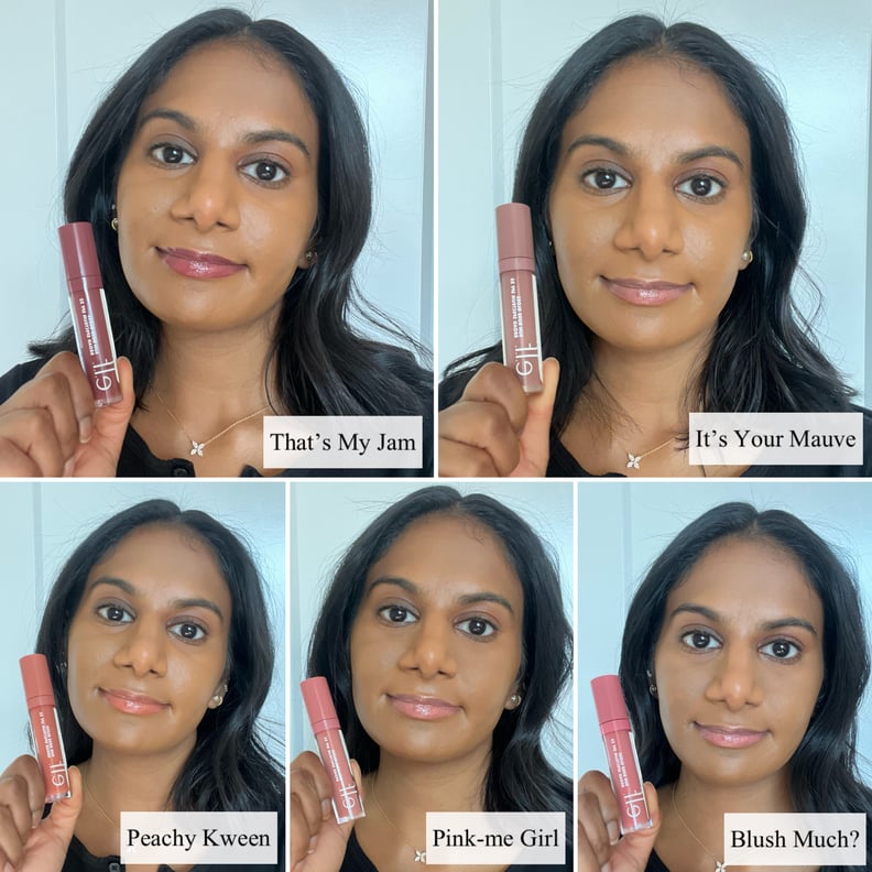 Woman trying the e.l.f. Sun Boss Gloss in five shades.