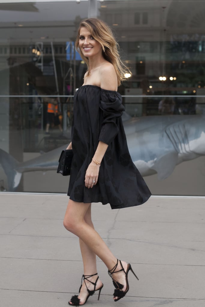 An off-the-shoulder LBD and heels
