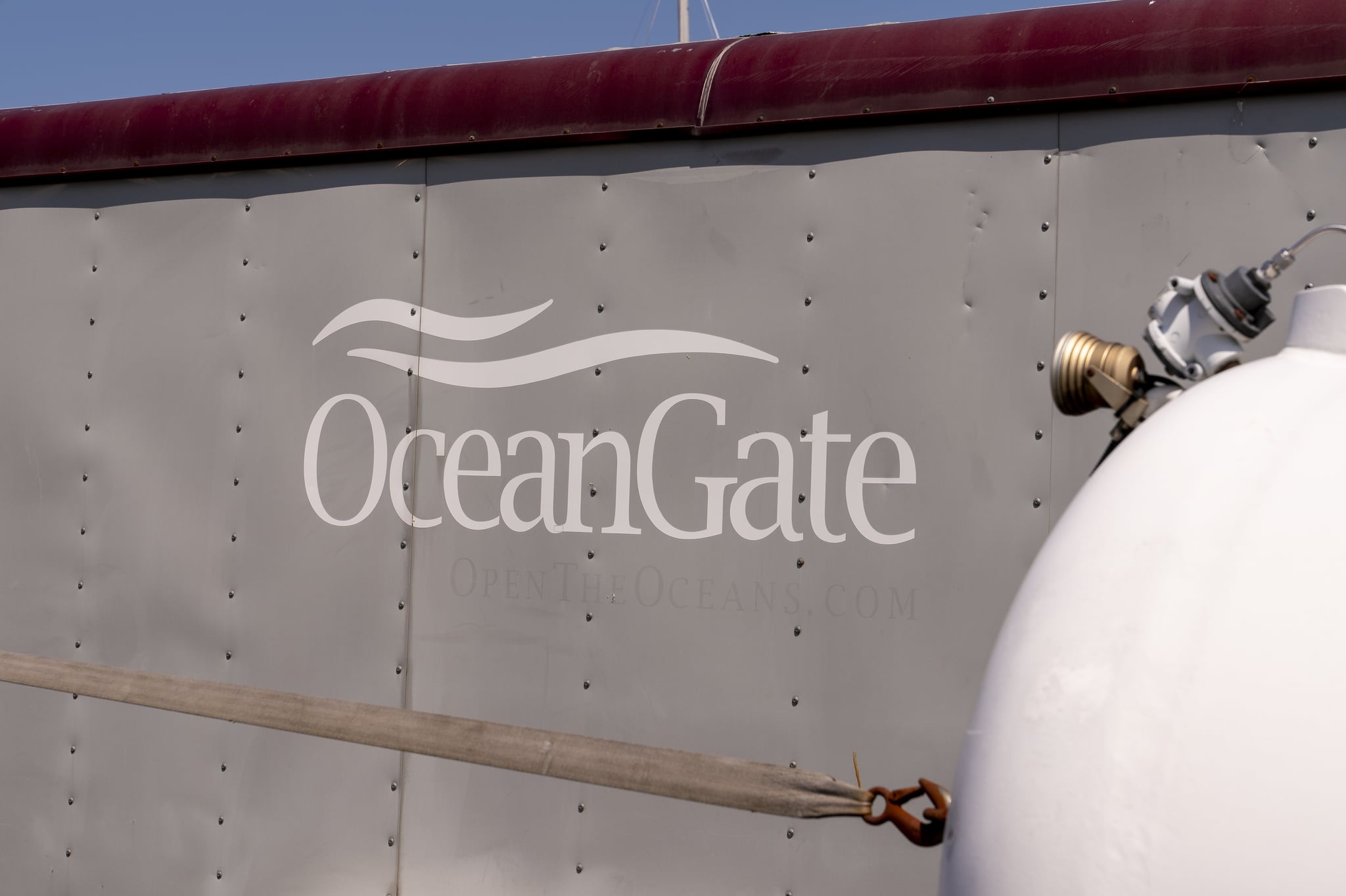 A logo on equipment stored near the OceanGate Inc. offices in Everett, Washington, US, on Thursday, June 22, 2023. The five crew members on the missing OceanGate Titan submersible that was headed to the Titanic died from a 