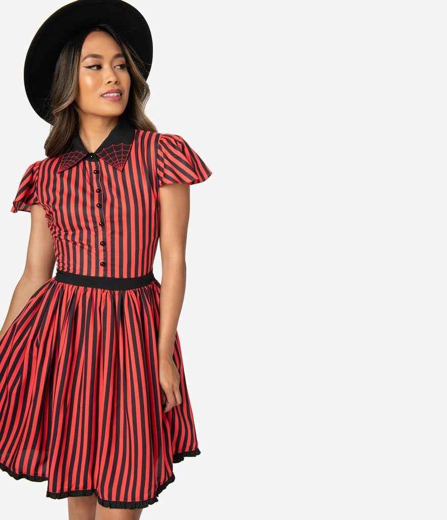 Sourpuss Red Orange and Black Stripe Spiderweb Lydia Fit and Flare Dress