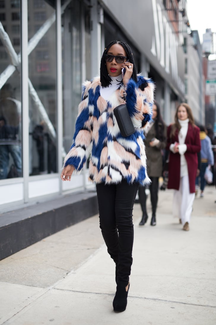 With a Bright Colored Faux-Fur Coat, a Clutch, and Black Booties | How ...
