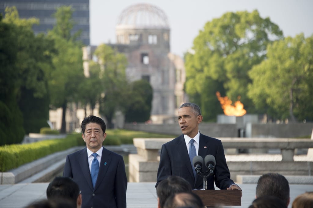 US President Barack Obama spoke at the Hiroshima Peace Memorial Park next to Japanese Prime Minister Shinzo Abe.