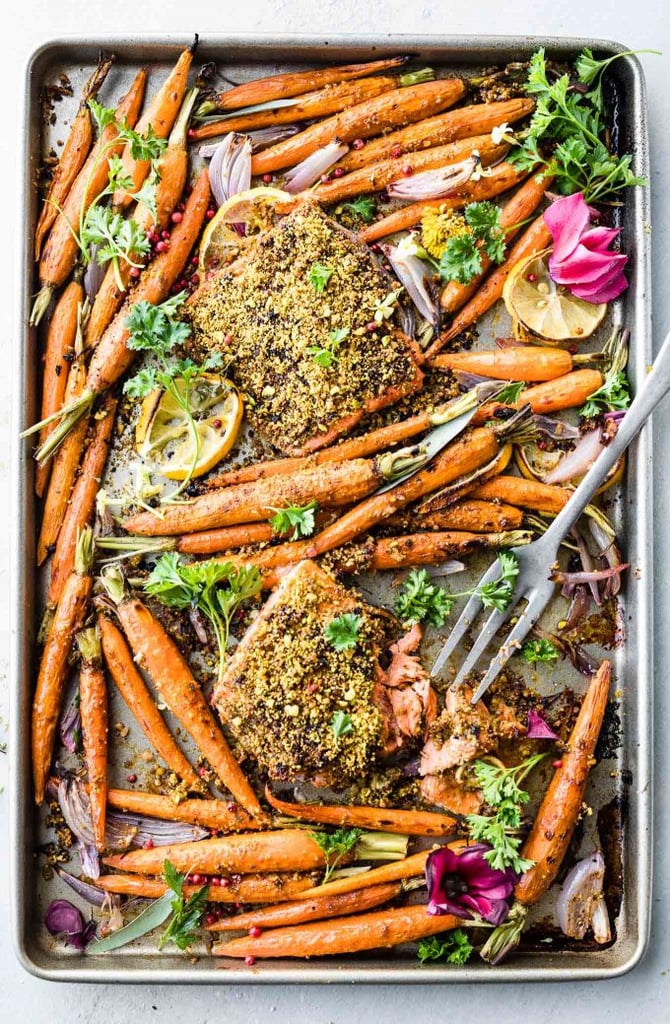 Sheet Pan Pistachio Crusted Salmon With Glazed Carrots