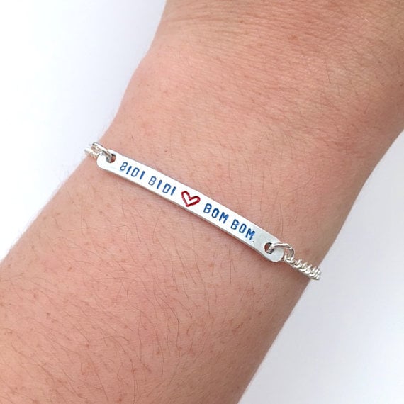 Customizable "Bidi Bidi Heart Bom Bom" Anniversary Tribute Engraved Stamped Bracelet With Red Heart ($25)