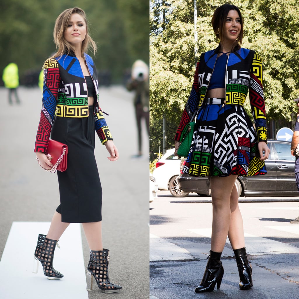 Kristina Bazan and this showgoer both harnessed the statement-making power of Versace in the same jacket.