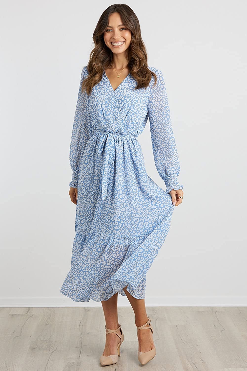 A Flowy Maxi Dress PrettyGarden Floral Print Boho Wrap Ruffle