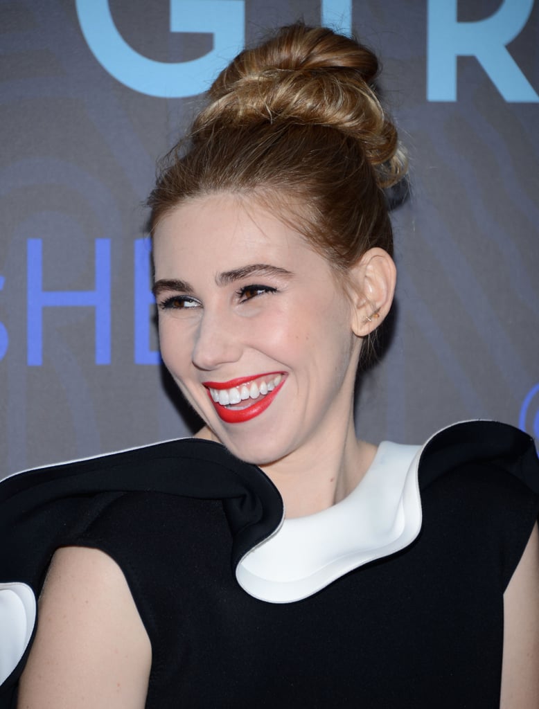 Ladies with thick hair can easily copy Zosia Mamet's bun. First split your ponytail into two sections, then pin one on top of the other for a beehive effect.