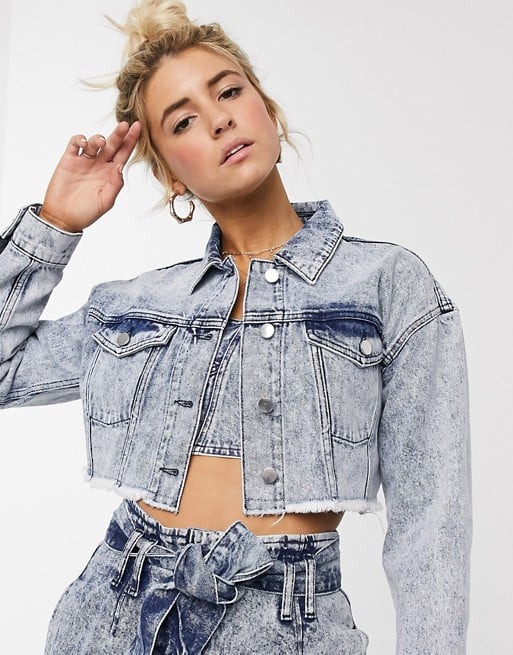 ASOS DESIGN denim super cropped jacket in blue acid wash | Millie Bobby ...