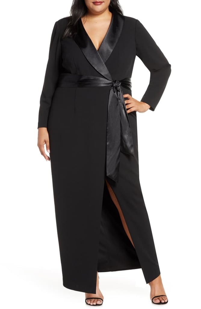 Eliza J Tuxedo Faux-Wrap Long-Sleeved Gown