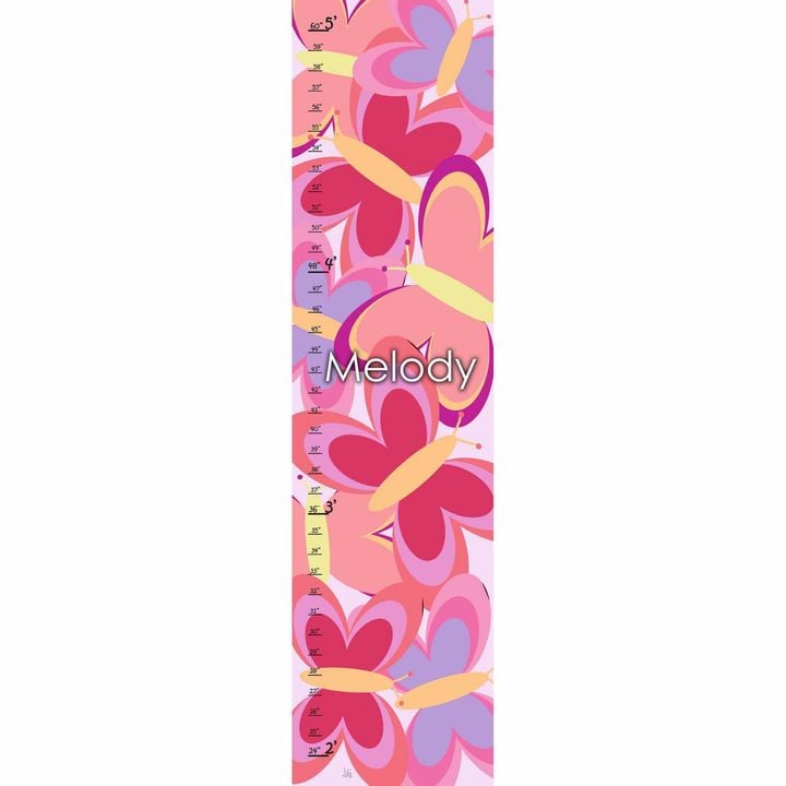 Green Leaf Art Pink Butterflies Growth Chart in Pink